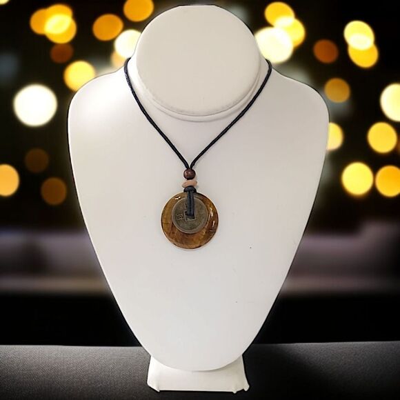 Tigers Eye Necklace Pendant Disc Coin Corded Bohemian Hippie Boho Chic Gypsy - Picture 11 of 16